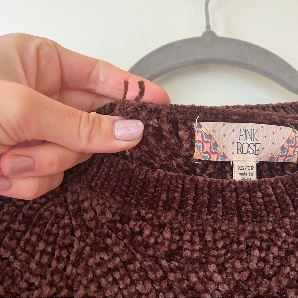 Pink Rose Chenille Sweater XS Brown Cable Knit Textured Pullover Cozy Soft - Picture 9 of 9